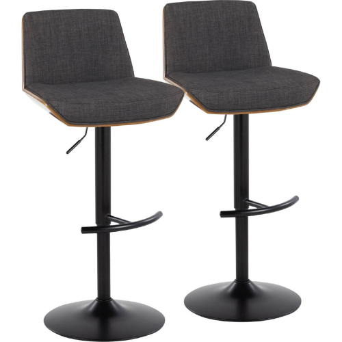 Corazza Adjustable Swivel Bar Stool in Black Metal, Walnut Wood & Charcoal Fabric (Set of 2)